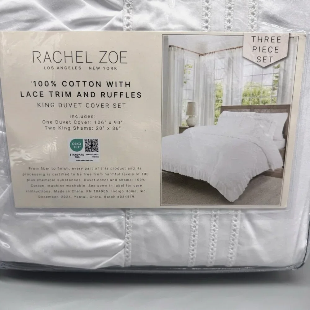 3pc Rachel Zoe White Ruffle Eyelet Lace KING Duvet Cover Sham Set Cotton Cottage